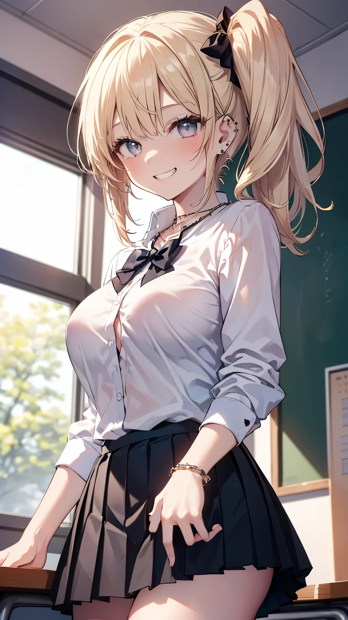(masterpiece、Highest quality、Very detailed))、One girl、gyaru、Blonde、side ponytail、Grey Eyes、evil smile、((Grin))、((lots of piercing))、Large Breasts、((White collared shirt))、A bow tie、((necklace))、((Black pleated skirt))、((micro miniskirt))、Cowboy Shot、Looking down、Shoot from below、Classroom Background