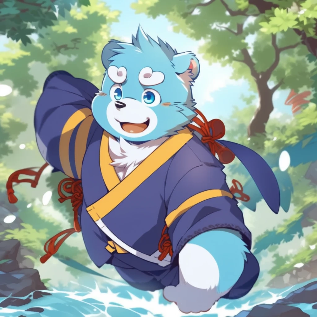 (by zixiong:1.1),(by takemoto arashi),(kemono:1.2),furry,shiquanhao,blue bear,1boy,blue fur,open mouth,animal ears,blue eyes,japanese clothes,bear ears,blue hair,fat,bear boy,(masterpiece),(very detailed),(best quality),alone,(detailed background:1.2),(smile:1.1),(detailed eye:1.2),