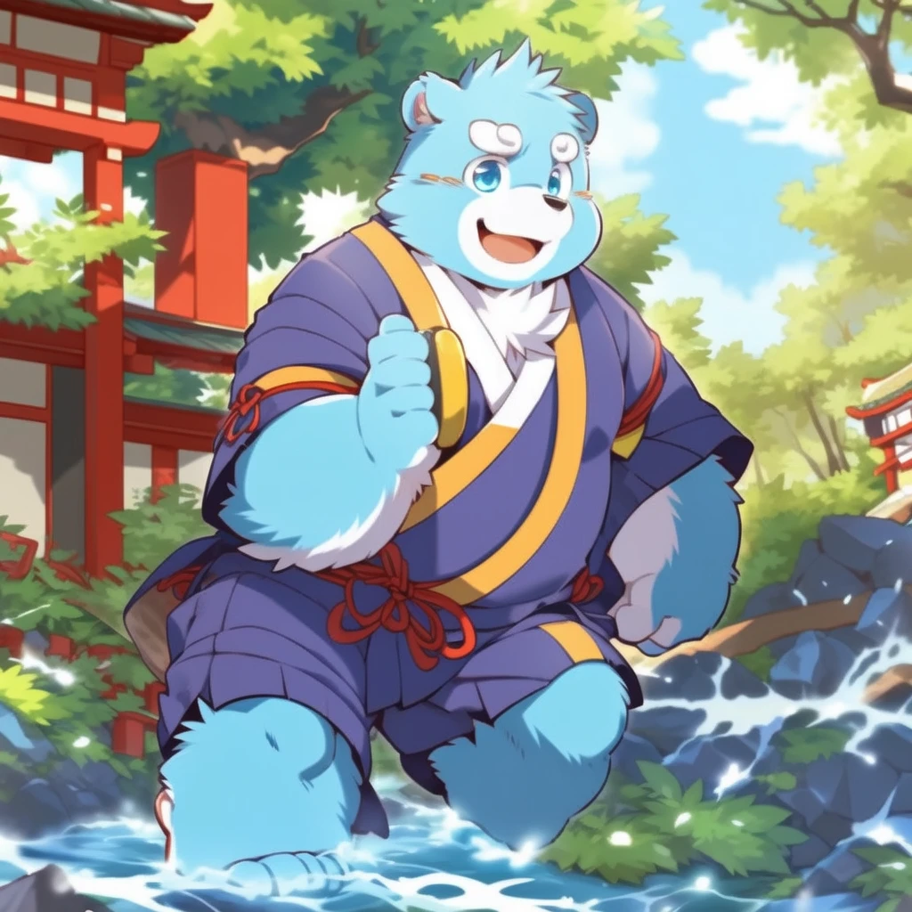 (by zixiong:1.1),(by takemoto arashi),(kemono:1.2),furry,shiquanhao,blue bear,1boy,blue fur,open mouth,animal ears,blue eyes,japanese clothes,bear ears,blue hair,fat,bear boy,(masterpiece),(very detailed),(best quality),alone,(detailed background:1.2),(smile:1.1),(detailed eye:1.2),