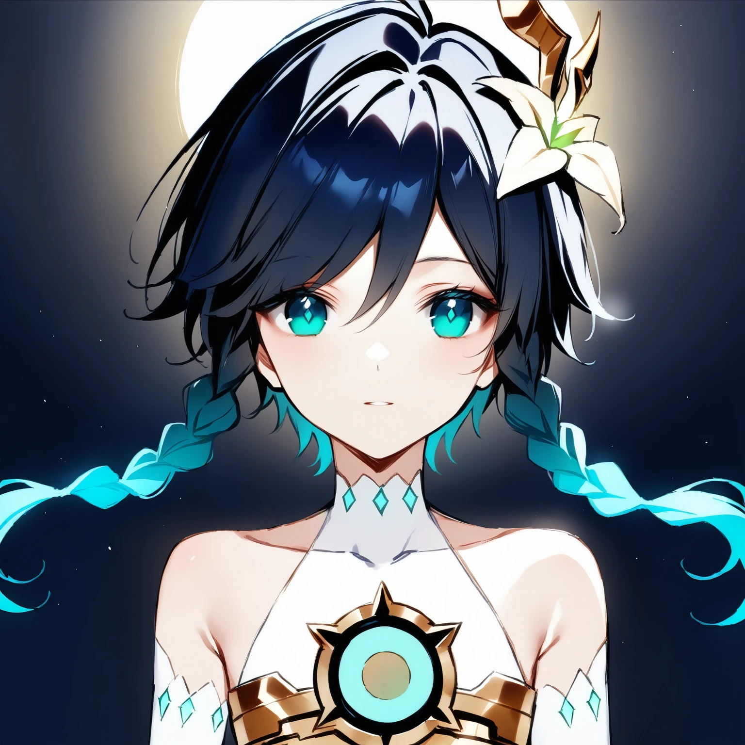 (masterpiece,best quality,4k,8k,absurdres:1.2),agahari,aoi nanase,((illustrated by carnelian)),sharp and clear, wide blue slit pupils, green eyes, perfect face, 1boy, flat chest,venti_\(archon\)_\(genshin_impact\),bare stomach,graceful,(face focus,detailed_eyes),gradient_hair,chest_tattoo,(thigh_tattoo left thigh),flirtatious,seductive,dsmile,large fluffy angel wings,otoko no ko, (white single_thighhigh right thigh),slim,slender,realistic:.35,flying,night sky,full moon,divine