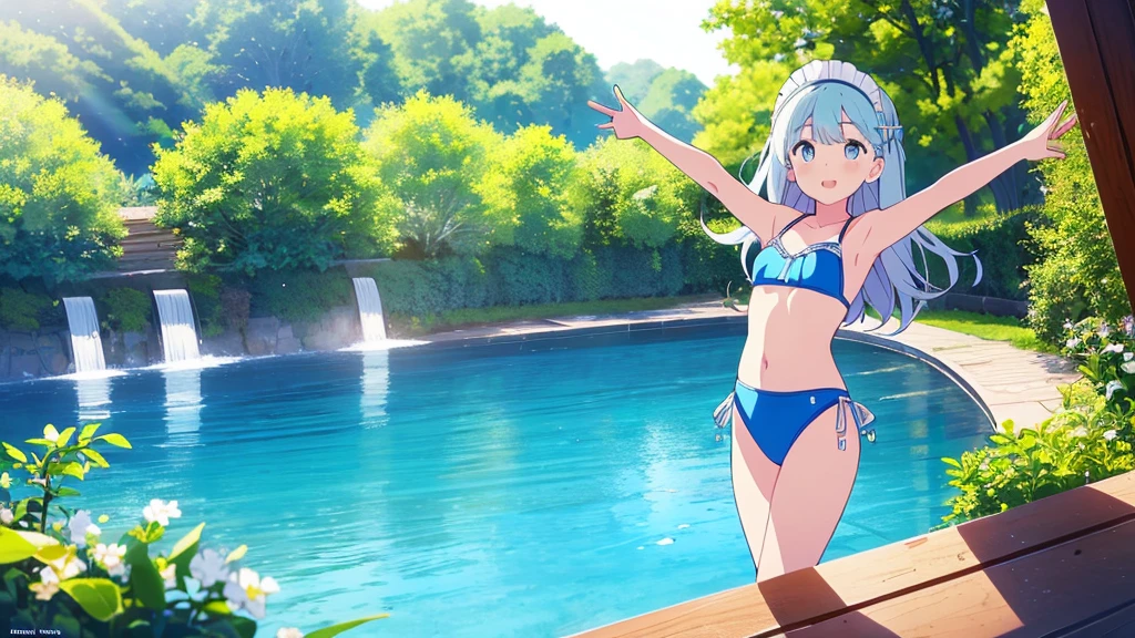 (masterpiece: 1.6, Best Quality), (fine beautiful eyes: 1.2), ph_rapid eye movement, remhd, 1 girl, For the blue, Alone, blue eyes, maid, Mar, Bay, light, tree, Ola, Raise your arms, Micro bikini, swimsuit