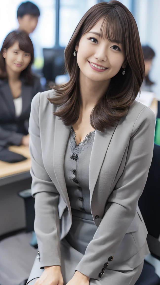 masutepiece, Best Quality, Photorealsitic, finely detail, hight resolution,beautiful japanese woman,beautiful detailed eyes, beautiful detailed lips, extremely detailed face, small head, small areola, cinematic lighting, photorealistic, 8k, high quality, hyper detailed, look at me,smile,(office lady gray suits:1.4),(random location),(medium breasts:1.2),(inoueseika),slender,beautifull legs,(sexy posing:1.2), (bokeh:1.3), (upper body),(mini skirt),(tight fit:1.3),(open jacket:1.3)