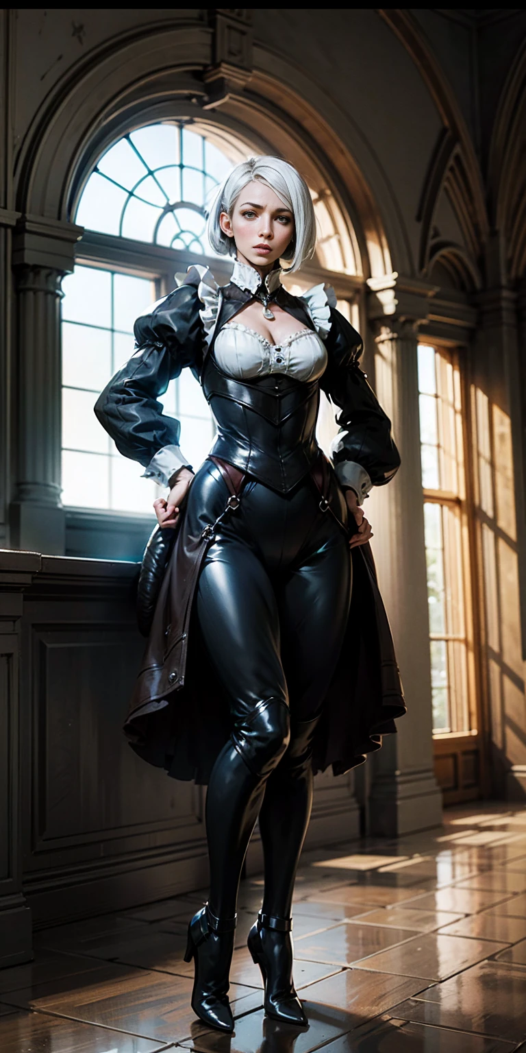 White hair, short bob hair, pinched eyes, thin legs, thin body, leather collar, maid outfit victorian, full body standing symmetrical, hands on hips, wide hips, view from below