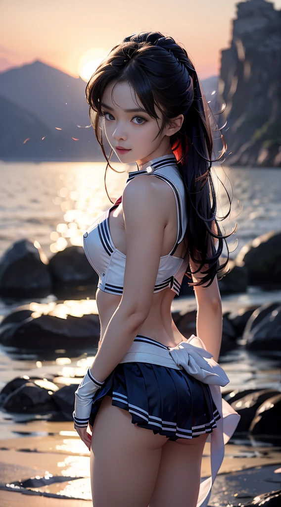 (Extreme detail CG Unity 8K wallpaper, masterpiece, highest quality), (exquisite lighting and shadow, highly dramatic picture, cinematic lens effect), (Sailor Moon: 1.1), charming smile, double tail, blue eyes, black hair, tight top, RED gloves, mini skirt, dynamic pose), the background is the universe blue sea (excellent detail, excellent lighting, wide angle), (excellent rendering, enough to stand out in its class),all,whole body,whole