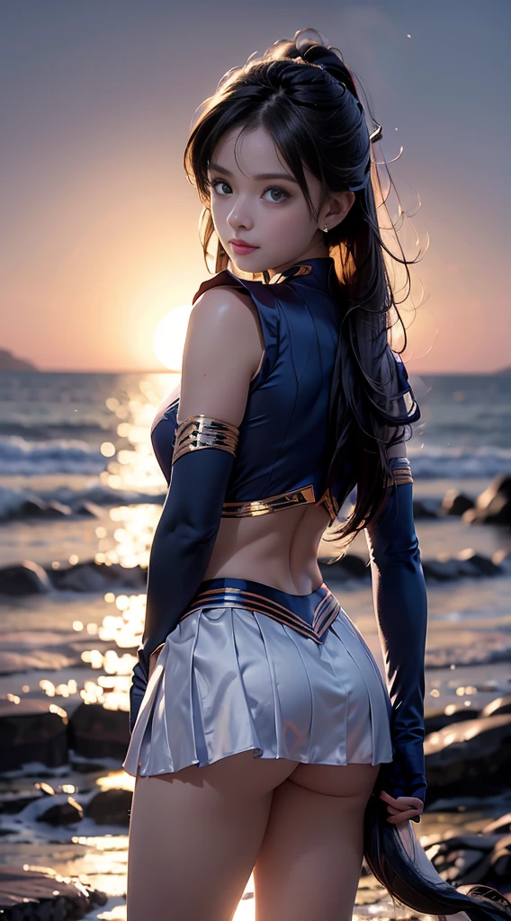 (Extreme detail CG Unity 8K wallpaper, masterpiece, highest quality), (exquisite lighting and shadow, highly dramatic picture, cinematic lens effect), (Sailor Moon: 1.1), charming smile, double tail, blue eyes, black hair, tight top, RED gloves, mini skirt, dynamic pose), the background is the universe blue sea (excellent detail, excellent lighting, wide angle), (excellent rendering, enough to stand out in its class),all,whole body,whole