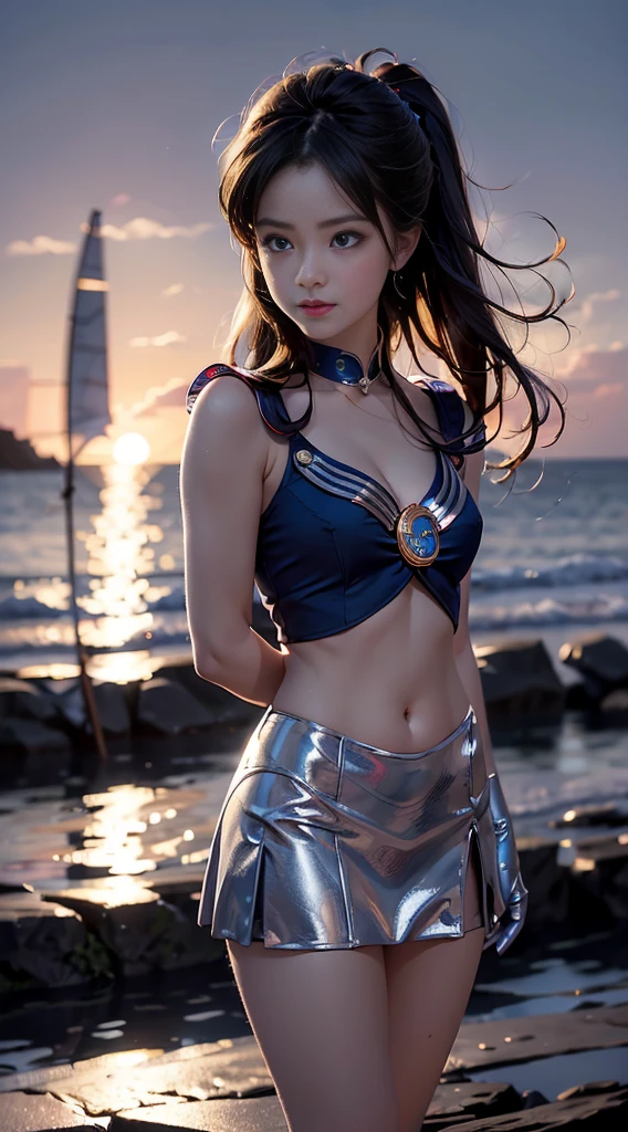 (Extreme detail CG Unity 8K wallpaper, masterpiece, highest quality), (exquisite lighting and shadow, highly dramatic picture, cinematic lens effect), (Sailor Moon: 1.1), charming smile, double tail, blue eyes, black hair, tight top, RED gloves, mini skirt, dynamic pose), the background is the universe blue sea (excellent detail, excellent lighting, wide angle), (excellent rendering, enough to stand out in its class),all,whole body,whole