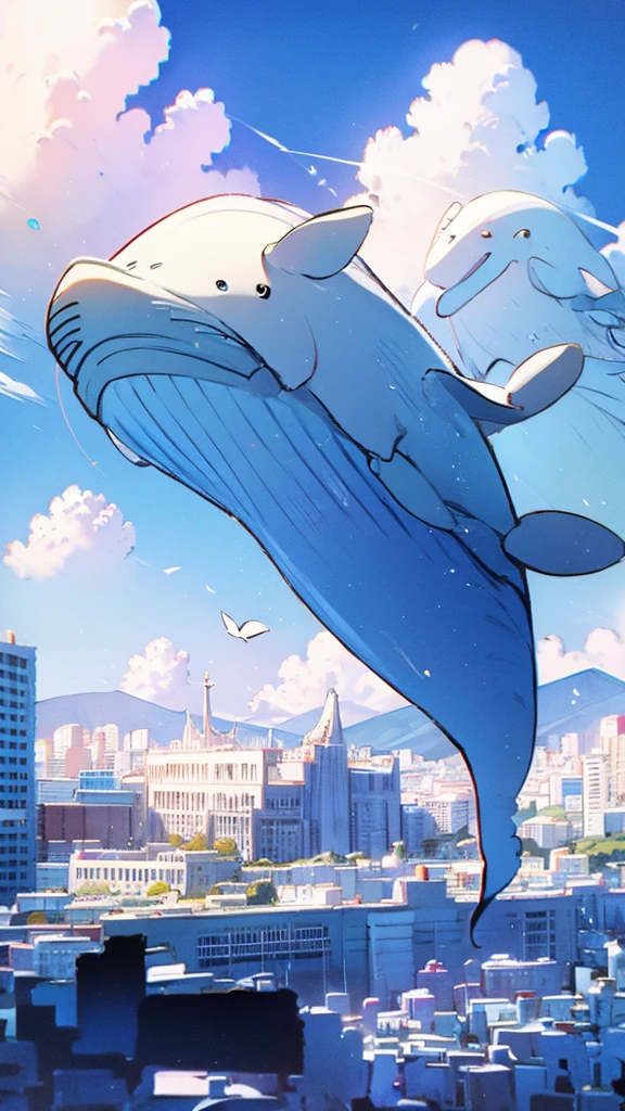 1whale,Whale flying in the blue sky,Buildings