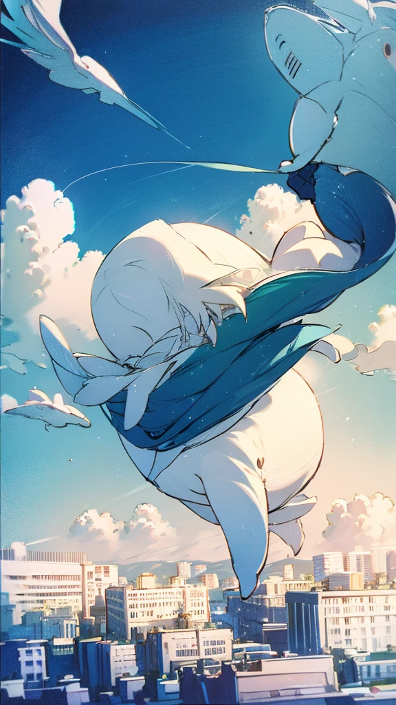 1whale,Whale flying in the blue sky,Buildings
