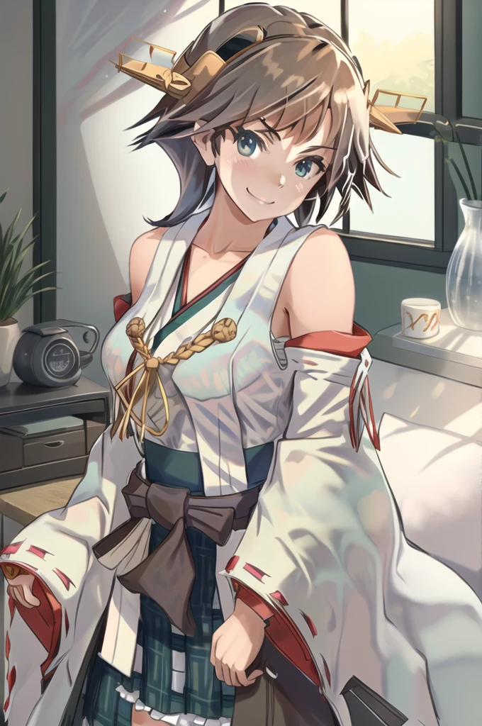 Highest quality, masterpiece, High resolution, alone, (Hiei Kai-2_Fleet Collection:1.15), オレンジ色hair, hairband, headgear, Non-traditional_Shrine maiden, smile, green_eye, Inverted up_hair, smile, One Girl, dependent_sleeve, green_skirt, Plaid, Plaid_skirt, ribbon-trimmed_sleeve, ribbon_trim, skirt, (indoor, office, living room), 