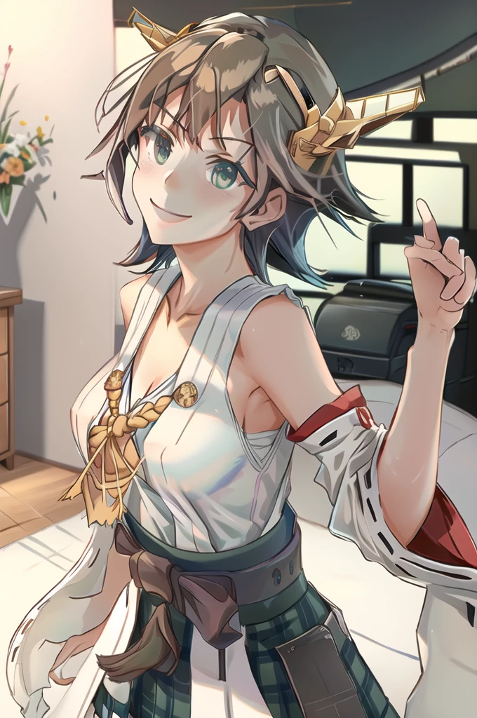 Highest quality, masterpiece, High resolution, alone, (Hiei Kai-2_Fleet Collection:1.15), オレンジ色hair, hairband, headgear, Non-traditional_Shrine maiden, smile, green_eye, Inverted up_hair, smile, One Girl, dependent_sleeve, green_skirt, Plaid, Plaid_skirt, ribbon-trimmed_sleeve, ribbon_trim, skirt, (indoor, office, living room), 