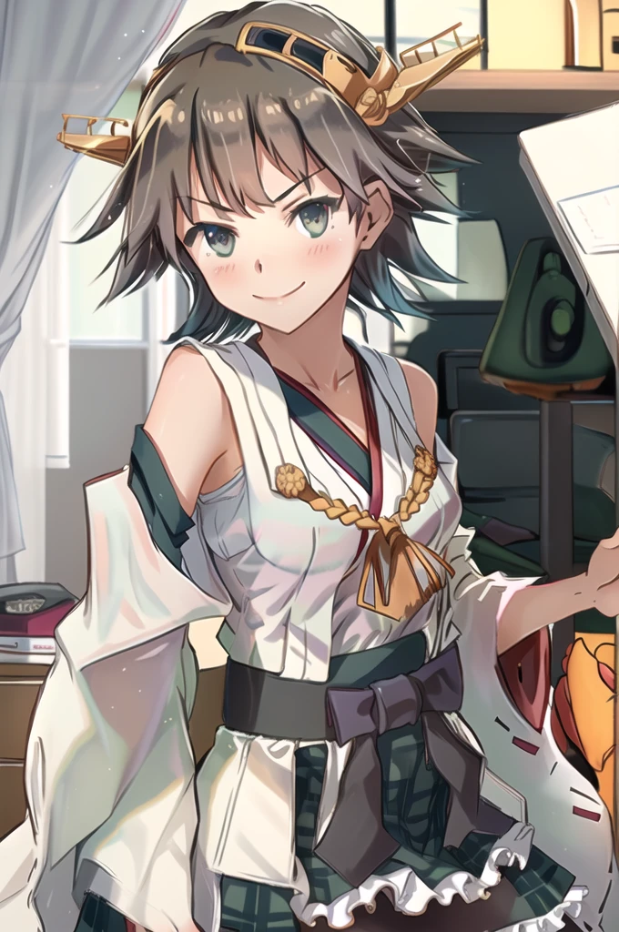 Highest quality, masterpiece, High resolution, alone, (Hiei Kai-2_Fleet Collection:1.15), オレンジ色hair, hairband, headgear, Non-traditional_Shrine maiden, smile, green_eye, Inverted up_hair, smile, One Girl, dependent_sleeve, green_skirt, Plaid, Plaid_skirt, ribbon-trimmed_sleeve, ribbon_trim, skirt, (indoor, office, living room), 