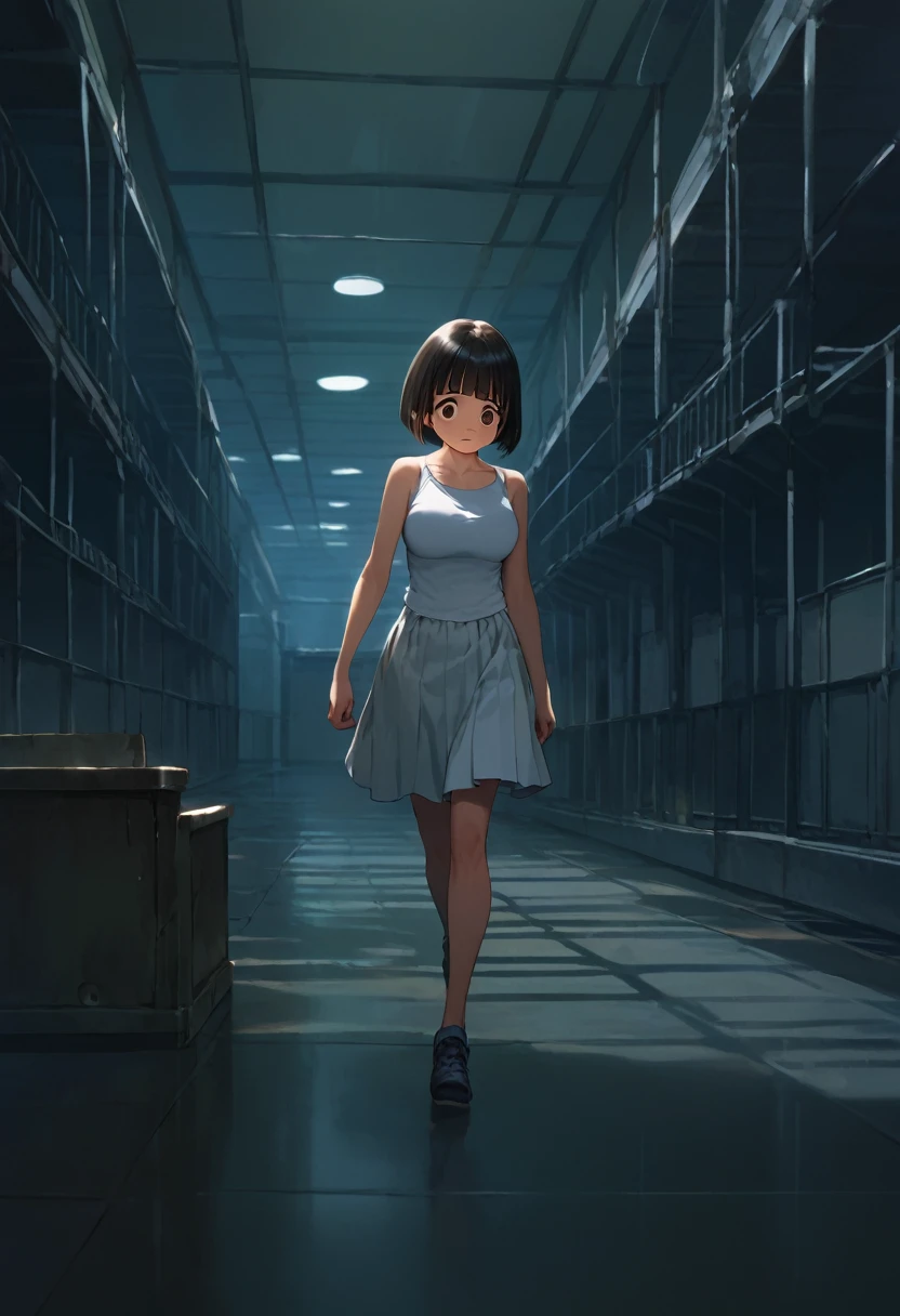 score_9,score_8_up,score_7_up,masterpiece,best quality, source anime, official art, super detailed, extreme detailed, rating_safe,
1girl, walking, flashlight, test of courage, looking another, cowboy shot,
BREAK girl, 22yo, short hair, bob cut, (blunt bangs), black hair, (tareme, detailed cute brown eyes), curled eyelashes, (large breasts:0.9),
shiny hair, beautiful detailed eyes, beautiful face,
white tank top, tight mini skirt,
(scared:1.3), frown,
indoors, Abandoned Building