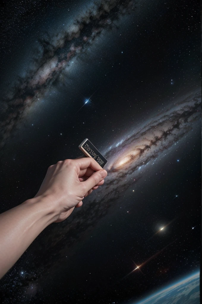 person holding a clapperboard in space showing the entire universe and its immensity, high definition image, lot of details, pretty, 8k, full hd, ultra