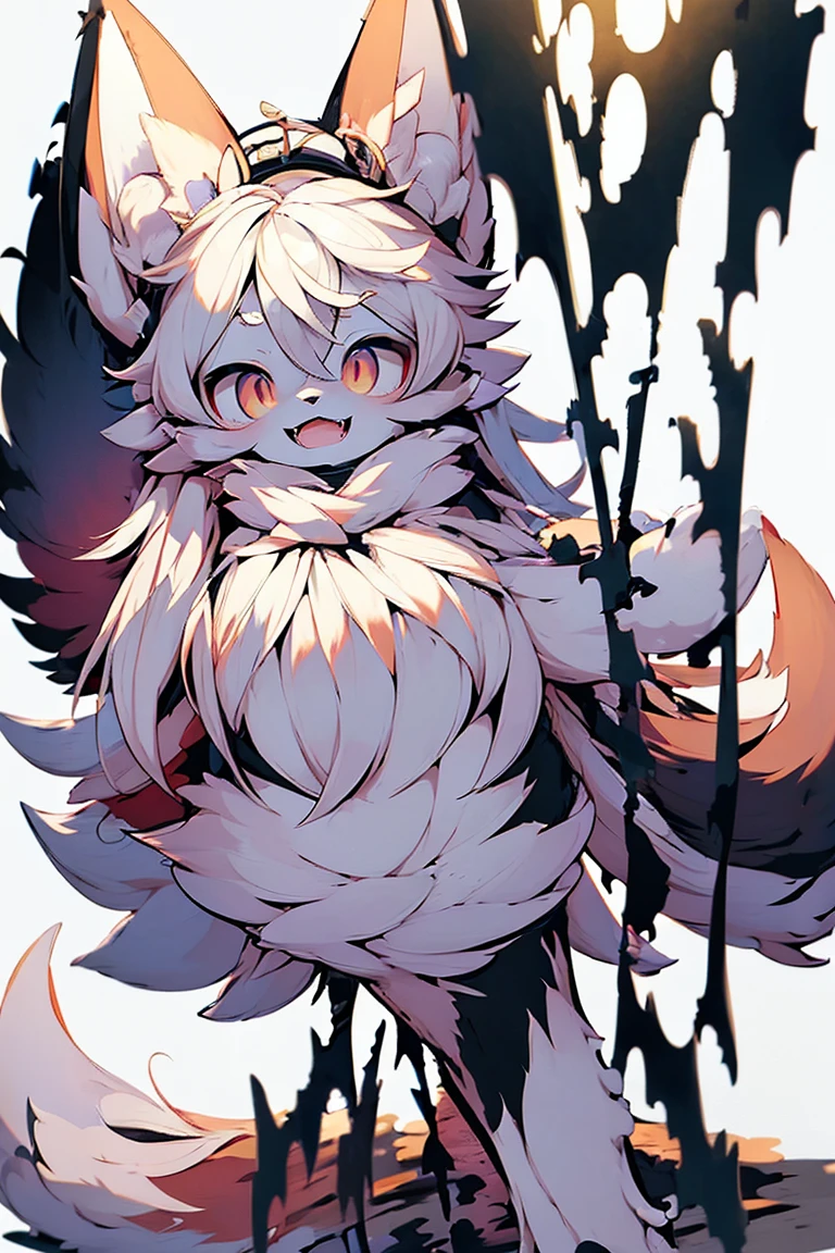 ((best quality)), ((masterpiece)), (detailed), Dusk_Lycanroc, collared, embarrassed, nsfw, laying on back, kemono, anime, female, furry, anthro, full body, solo, :d, ^_^, ahoge, animal_ear_fluff, animal_ears, bangs, bare_shoulders, blush, closed_eyes, fox_ears, fox_girl, fox_tail, hair_between_eyes, long_hair, open_mouth, simple_background, smile, solo, swaying, tail, upper_body, virtual_youtuber, white_background, white_hair