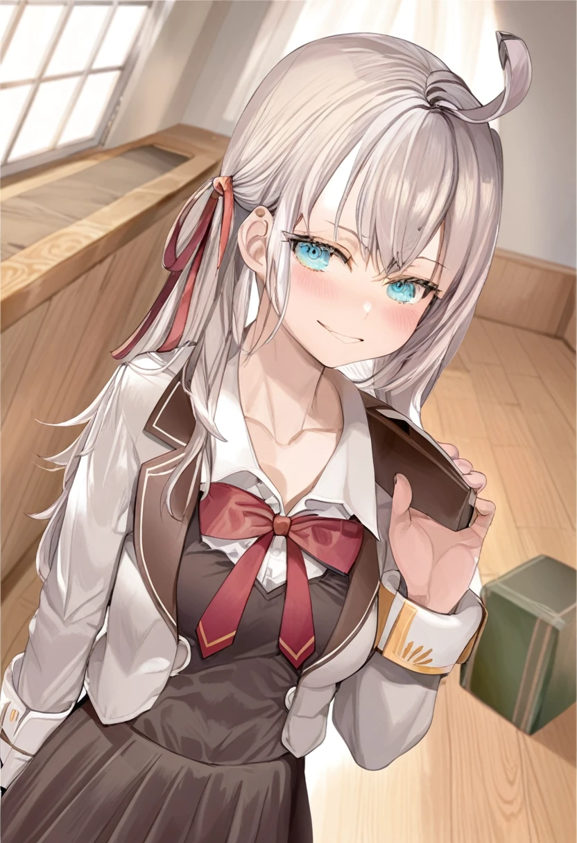 One girl,  Alisa Mikhailovna Kujo,Tomorrow, my friend, Arya-san, will be visiting Russia.,alone, Long Hair, Eyebrows visible through hair, Hair between the eyes, Silver Hair, Hair Ribbon, blue eyes, Medium chest, ,Long sleeve, Jacket,
View your viewers, Upper Body, Dutch Angle,Mouth closed, Close one eye, A light smile,
Highest quality, so beautiful, Absurd,