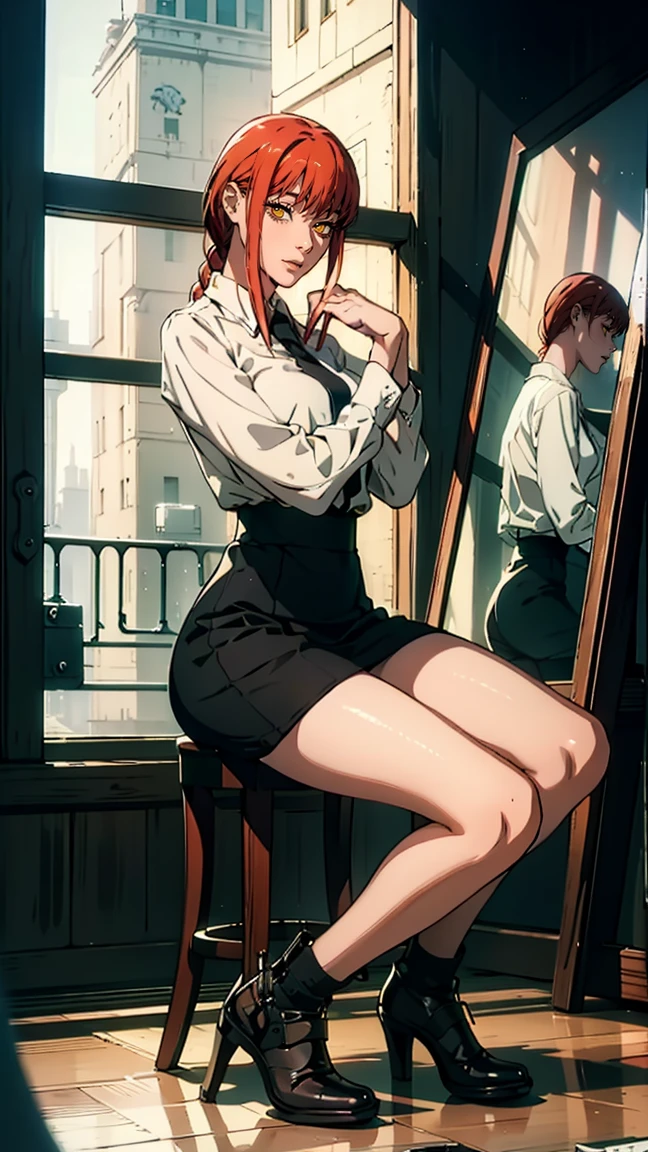 The character Makima from the anime series Chainsaw Man, fragile, full length (Full body 1.1.), dark background, darkness, Correct anatomy 1.1, holds his hands behind his back, correct hand anatomyVery sexy, erotica, very feminine, beautiful figure, legs, buttocks, beautiful body, red hair, orange eyes, Red circles for schoolchildren, summer dress, sexy pose, realistic, very detailed, beautiful body, detailed body, detailed hands, detailed, Vibrating, detailed Face, Makima character design. very detailed, detailed body, detailed hands, detailed Face, anime art, Hugh Details, Very downcast face, detailed eyes, Super thin illustration, best shadow, Fine detail, beautiful detailed glow, beautiful detailed, Extraordinarily beautiful, extremely detailed, inexpressive, epic composition, Anime style. anime art anime art, Anime style,