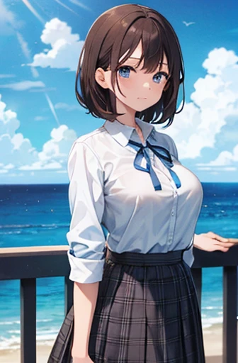 1 idle, Chocolate brown hair, Ocean Blue Eyes, Wearing an ocean blue checked skirt, Plain white button-up shirt with ocean blue ribbon , Absurd, High resolution, Super sharp, 8k, masterpiece,Big Breasts
