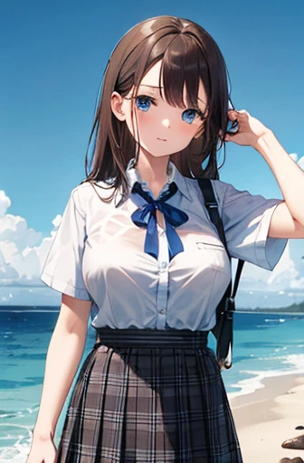 1 idle, Chocolate brown hair, Ocean Blue Eyes, Wearing an ocean blue checked skirt, Plain white button-up shirt with ocean blue ribbon , Absurd, High resolution, Super sharp, 8k, masterpiece,Big Breasts