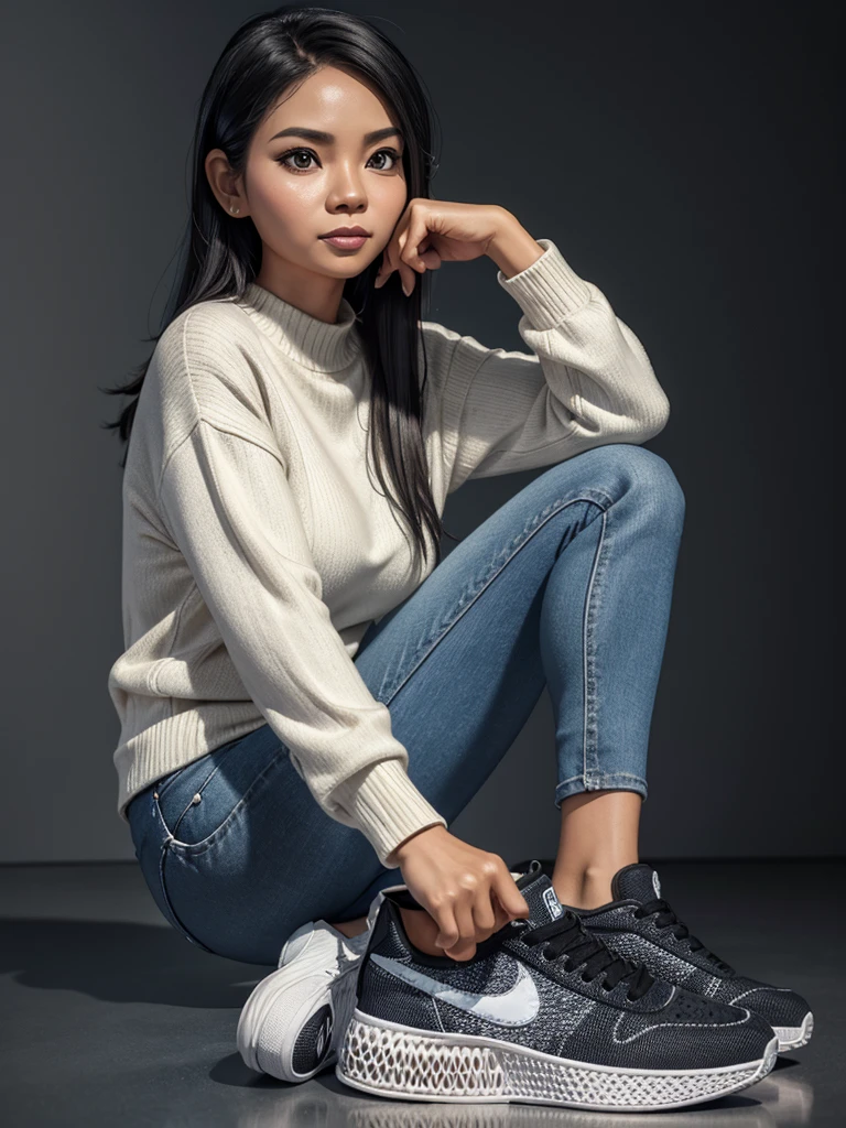 Realistic 4D caricature with a big head of an Indonesian woman aged 40yo,thin body, wearing a sweater, jeans, sneakers, sitting in floor with his hand on his chin, black and silver gradient background,Pixar style,3D rendering