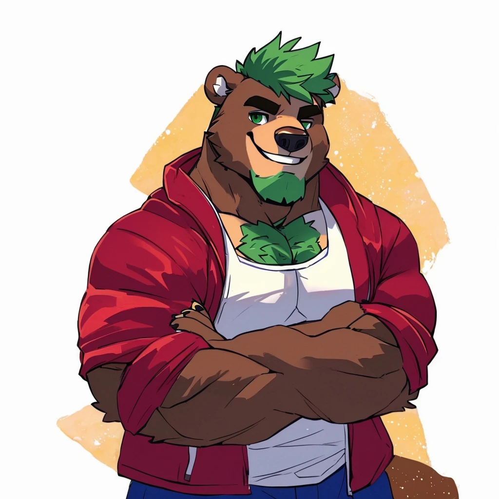 a giant, sexy, caramel brown colored fur and hyper muscular, cute smiling face, grizzly bear, green hair, green eyes, closed smile, bara body, he's a daddy bear, dressed a red and blue jacket, high quality furry art.