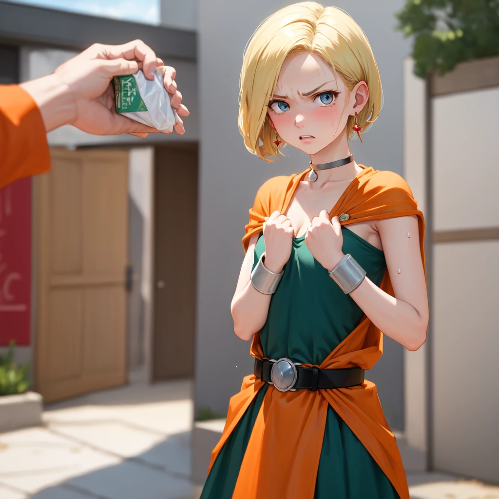 masterpiece, Highest quality, DQ Bianca, 1 person, Single Blade, Earrings, choker, Orange Cape, Green Dress, belt, Small breasts, 1 personで, Delivering meals, Upper Body, hot, Sweating a lot, Wipe away sweat, looking at the camera, angry