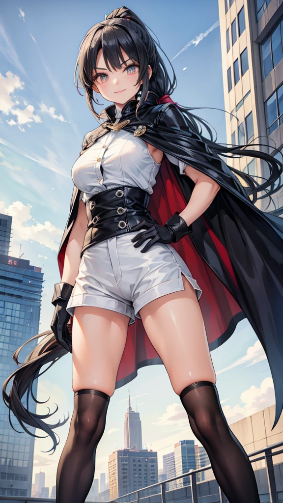 Adult features　ponytail　Long, narrow eyes　smile　Glare　frivolous attitude　White shirt　Cape　Black hot pants　Black long gloves　Black knee socks　Put your hands on your hips　City of Machines