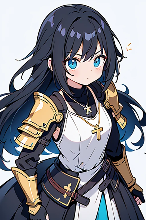 background shadow covered girl, covered in shadows, lack shadows in background Anime girls, carrying katana, anime, long black hair with neon blue highlights, hair is above shoulder height, smooth beautiful, 4k, anime art, pendant on hair, cross t necklace, vivid white dress, battle armor golden armor, little clothing