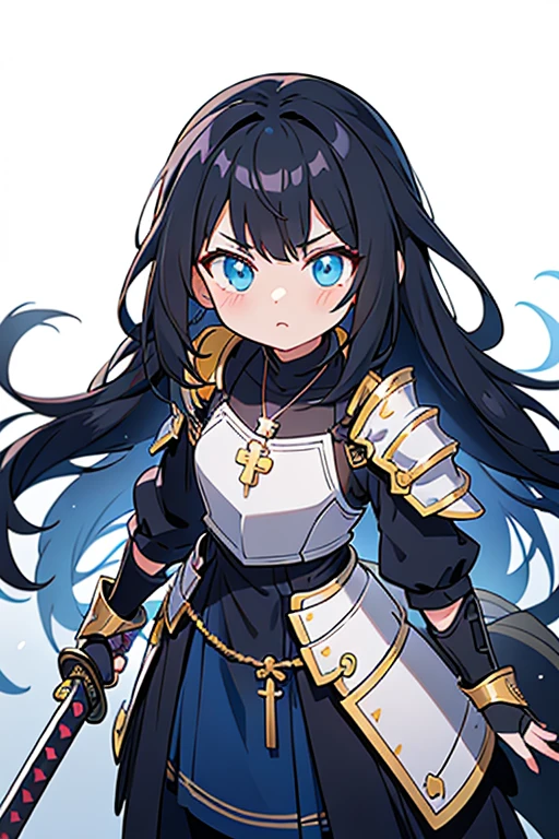 background shadow covered girl, covered in shadows, lack shadows in background Anime girls, carrying katana, anime, long black hair with neon blue highlights, hair is above shoulder height, smooth beautiful, 4k, anime art, pendant on hair, cross t necklace, vivid white dress, battle armor golden armor, little clothing