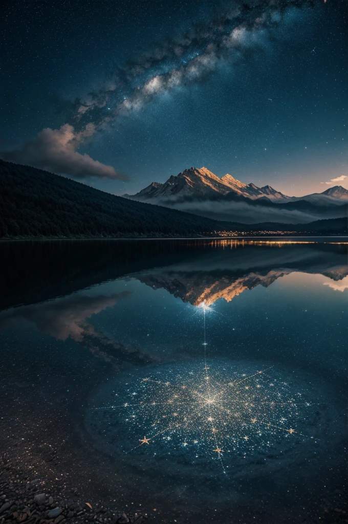 stars, blinking stars in sky, glittering Lakes, Surrealism, drop shadow, atmospheric perspective, Conceptual art, Renaissance, 8k, super detail, ccurate, best quality