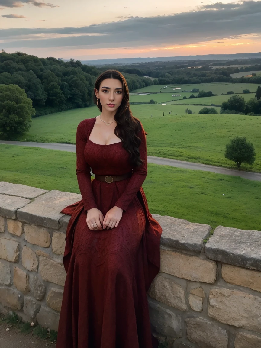Gorgeous and sultry busty athletic (thin) brunette queen with sharp facial features wearing a modest updo, dark red medieval dress, long sleeves, intricate patterns, scrollwork, wide neck, crown, veil, long dress, modest dress, tight bodice, silver belt, (waist chain), medieval jewelry, Middle Ages, castle, rampart, wall, exterior, on top of a castle wall, trees, countryside, evening, sunset.