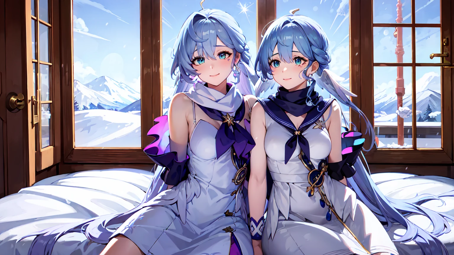 masterpiece, best quality, robin, 1girls, light blue hair, long hair, blue eyes, white dress, white sailor collar, white scarf, sitting on bed, indoors, bedroom, windows, blue sky, winter, snow, warm smile, upper body. closed mouth,