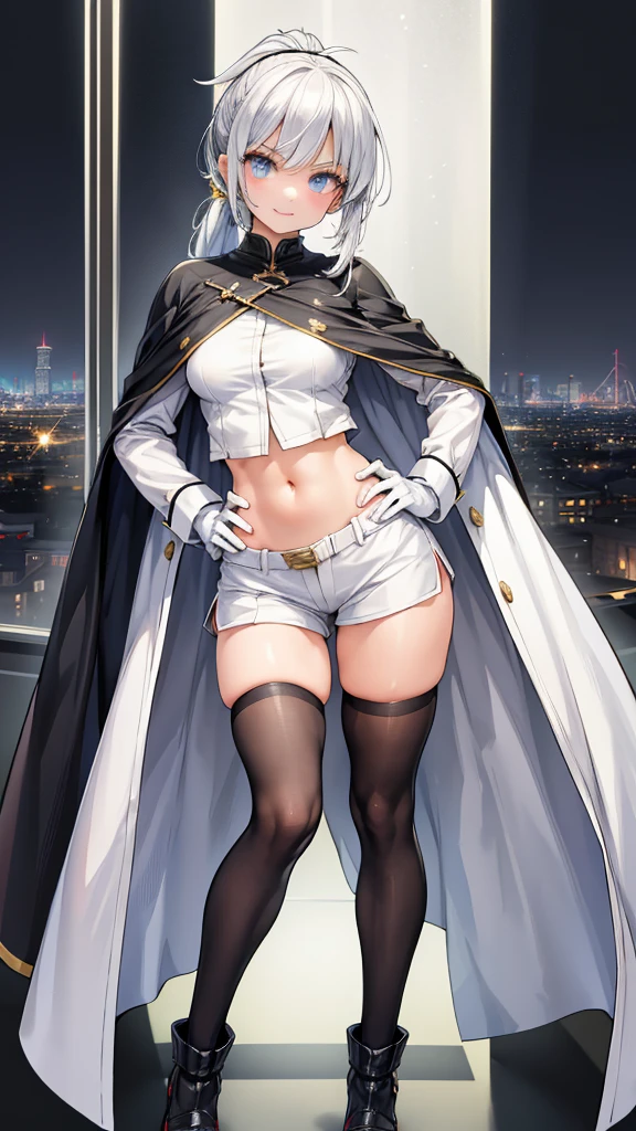 Adult features ponytail Long, narrow eyes smile Glare frivolous attitude White shirt Cape Black hot pants Black long gloves Black knee socks Put your hands on your hips City of Machines