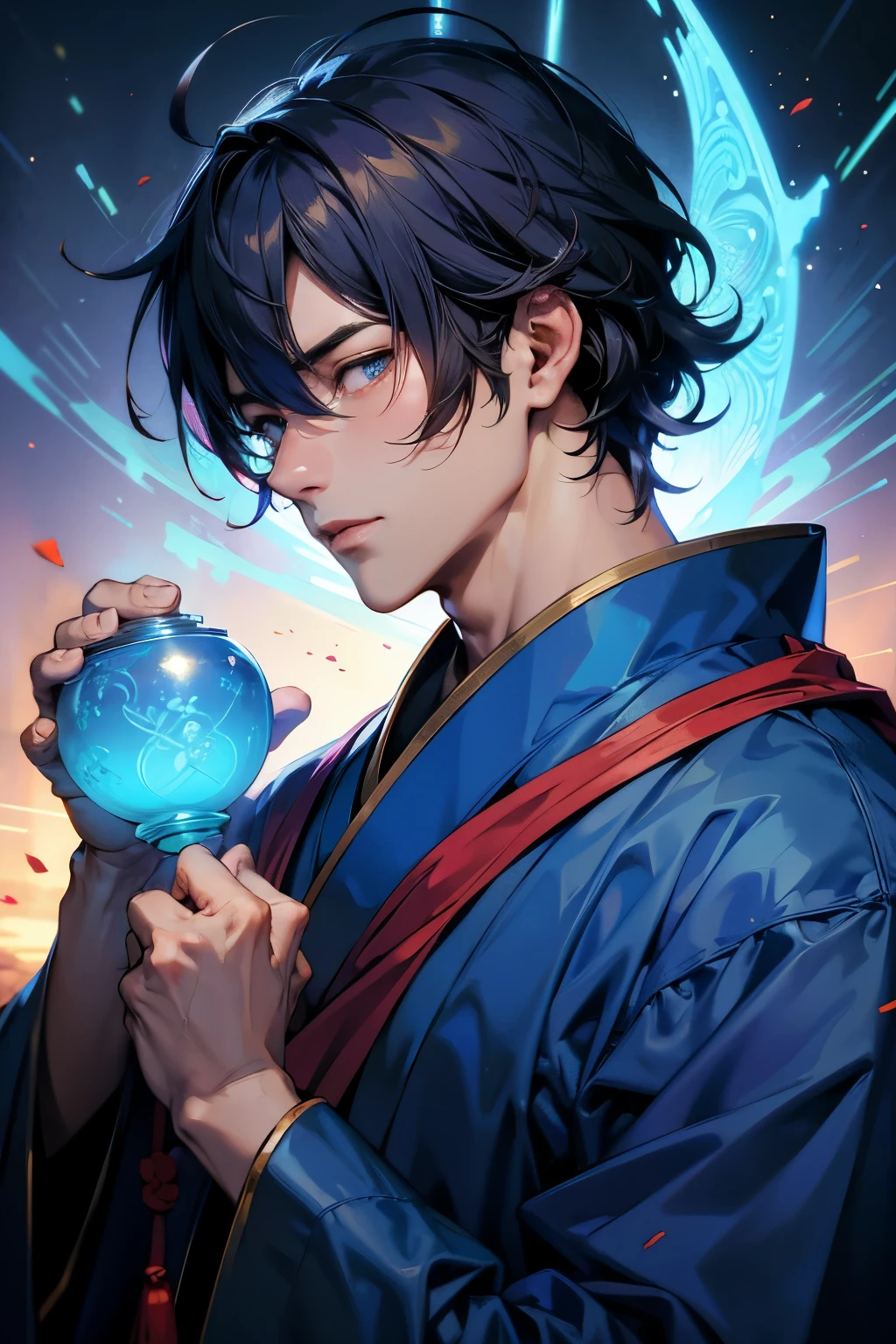 Kotoshironushi,Yamabushi (mountain priest)。Upper body close-up。Wearing a blue kimono。The background is a blue glow。He is an attractive male god.。resolution,8k、masterpiece