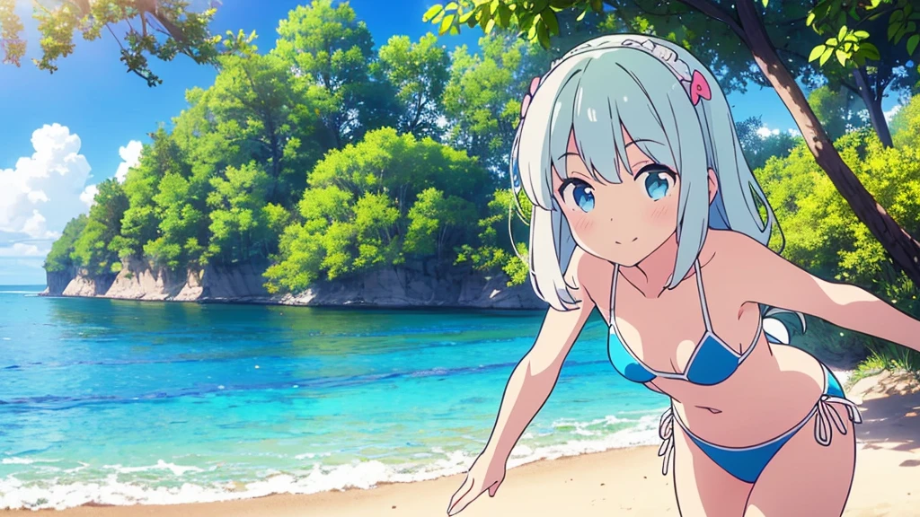 (masterpiece: 1.6, Best Quality), (fine beautiful eyes: 1.2), ph_rapid eye movement, remhd, 1 girl, For the blue, Alone, blue eyes, maid, Mar, Bay, light, tree, Ola, Raise your arms, Micro bikini, swimsuit