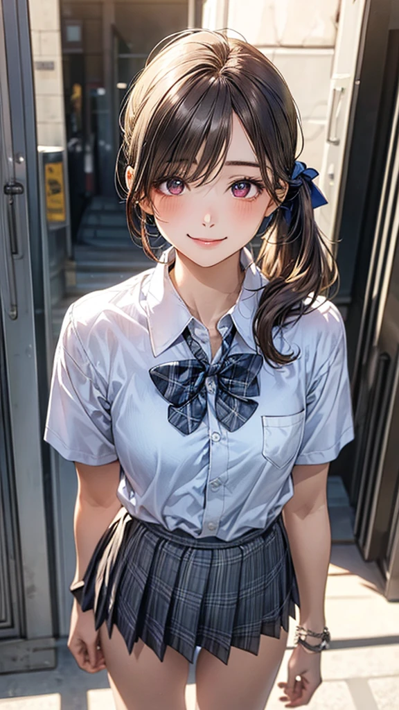 (masterpiece:1.2, top-quality), (realistic, photorealistic:1.4), beautiful illustration, (natural side lighting, movie lighting),
looking at viewer, full body, front view:0.6, 1 girl, japanese, high school girl, perfect face, cute and symmetrical face, suntan, shiny skin,
(long hair:1.5, side ponytail:1.4, brown hair), hair over one eye:1.4, maroon eyes, long eye lasher, (large breasts:0.6),
beautiful hair, beautiful face, beautiful detailed eyes, beautiful clavicle, beautiful body, beautiful chest, beautiful thigh, beautiful legs, beautiful fingers,
((collared short sleeve shirt, white shirt, school uniform, grey plaid pleated skirt, blue plaid bow tie), wrist chakra), white panties,
(beautiful scenery), school, (standing, open legs, skirt hold), (lovely smile, upper eyes),