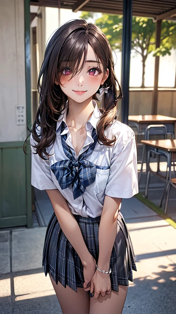 (masterpiece:1.2, top-quality), (realistic, photorealistic:1.4), beautiful illustration, (natural side lighting, movie lighting), 
looking at viewer, full body, front view:0.6, 1 girl, japanese, high school girl, perfect face, cute and symmetrical face, suntan, shiny skin, 
(long hair:1.5, side ponytail:1.4, brown hair), hair over one eye:1.4, maroon eyes, long eye lasher, (large breasts:0.6), 
beautiful hair, beautiful face, beautiful detailed eyes, beautiful clavicle, beautiful body, beautiful chest, beautiful thigh, beautiful legs, beautiful fingers, 
((collared short sleeve shirt, white shirt, school uniform, grey plaid pleated skirt, blue plaid bow tie), wrist chakra), white panties, 
(beautiful scenery), school, (standing, open legs, skirt hold), (lovely smile, upper eyes), 