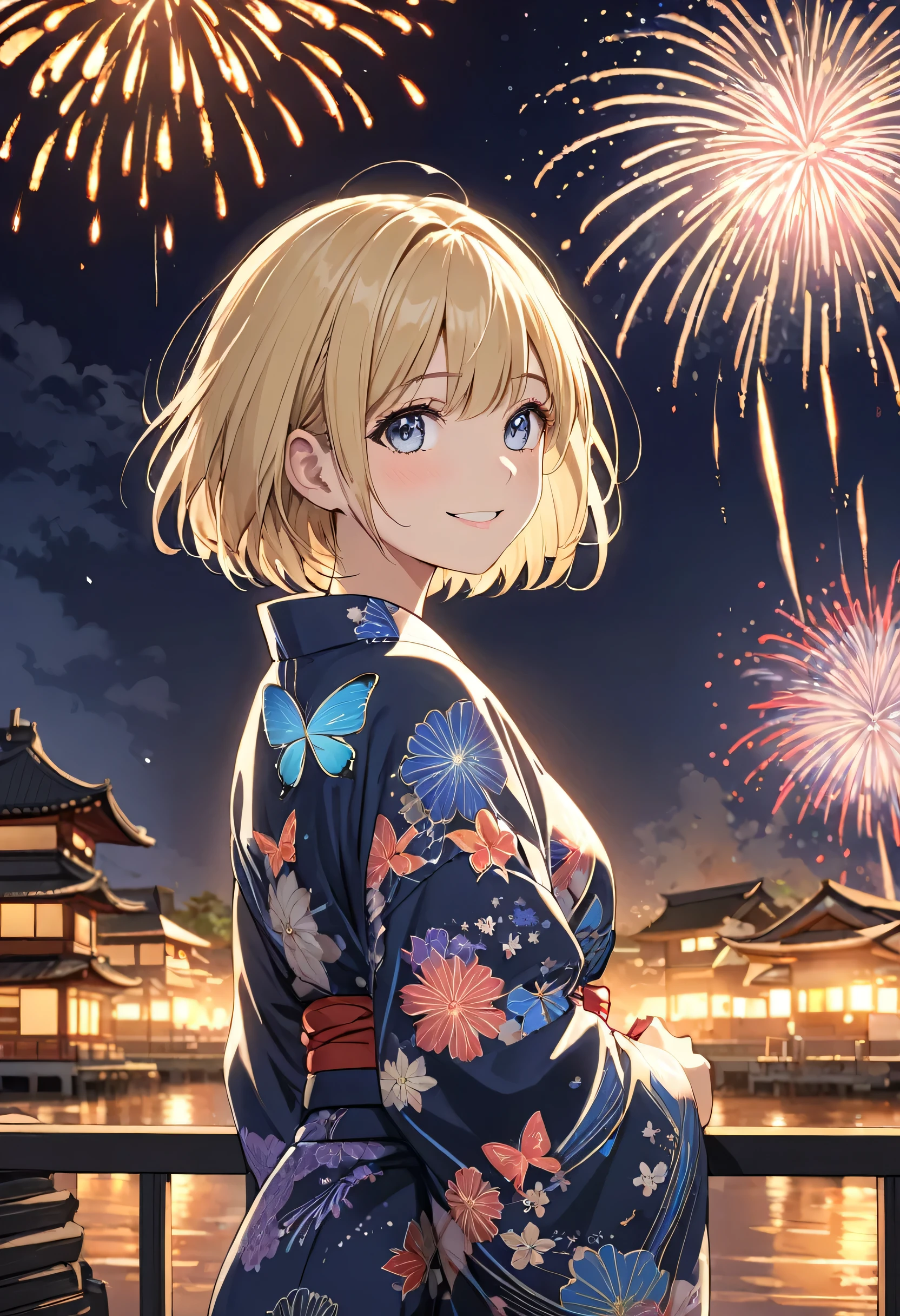 One girl, blonde short hair, wearing a Yukata with a butterfly pattern on a black base,She is watching Japanese HANABI,Hanabi is Japanese Fireworks,smile,(((masterpiece))), (((best quality))), ((ultra-detailed)), (illustration), (detailed light),((an extremely delicate and beautiful)),(beautiful detailed eyes),