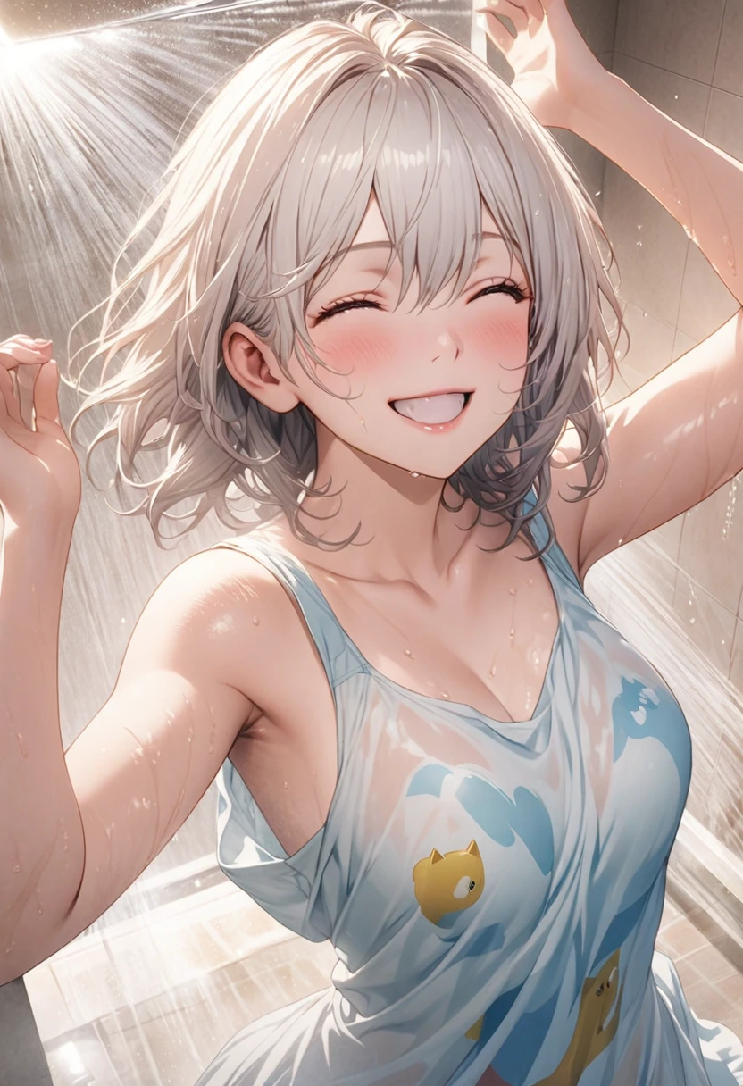 masterpiece, Highest quality, Highly detailed CG Unity 8k wallpaper, High School Girl Anime Illustration. Wear an oversized tank top、arms raised in the airポーズをする、she has her eyes closed and mouth open, smile. The background is a light pastel colored landscape., white hair color, Yellow Eyes, Cowboy Shot、Kitten smiling and looking up at girl, Taking a bath in the shower, Realistic depiction of water