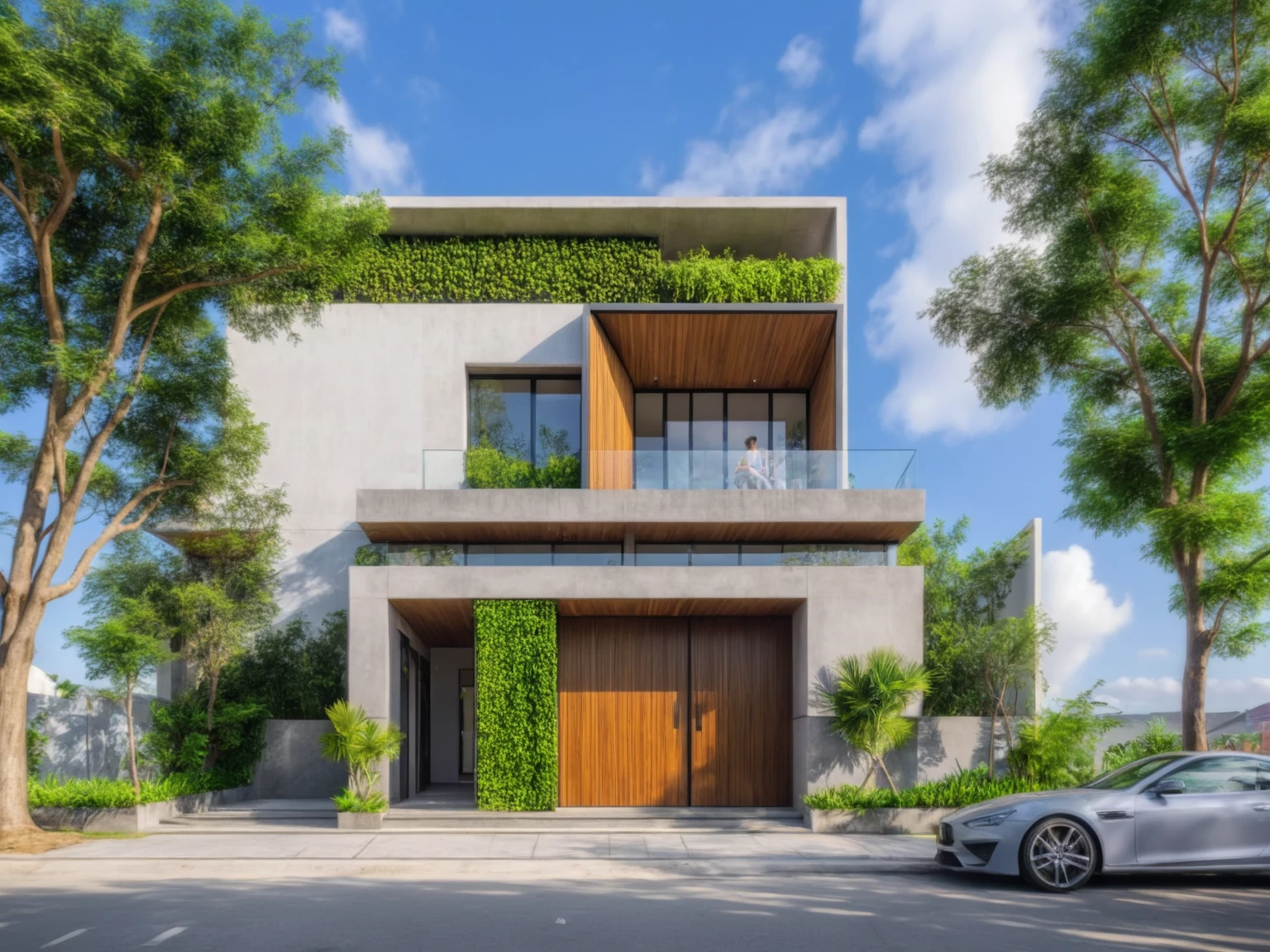 modern villa on street, (daylight), tropical tree, green shrub and plants, vivid color, streetcapes, minimalist design, brigth grey tone, (large glass door:1.2), warm interior lighting, modern material, best quality, ultra realistic, masterpiece, 
