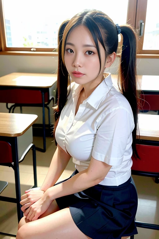 Girl, schoolgirl, black hair ponytail, room, window,