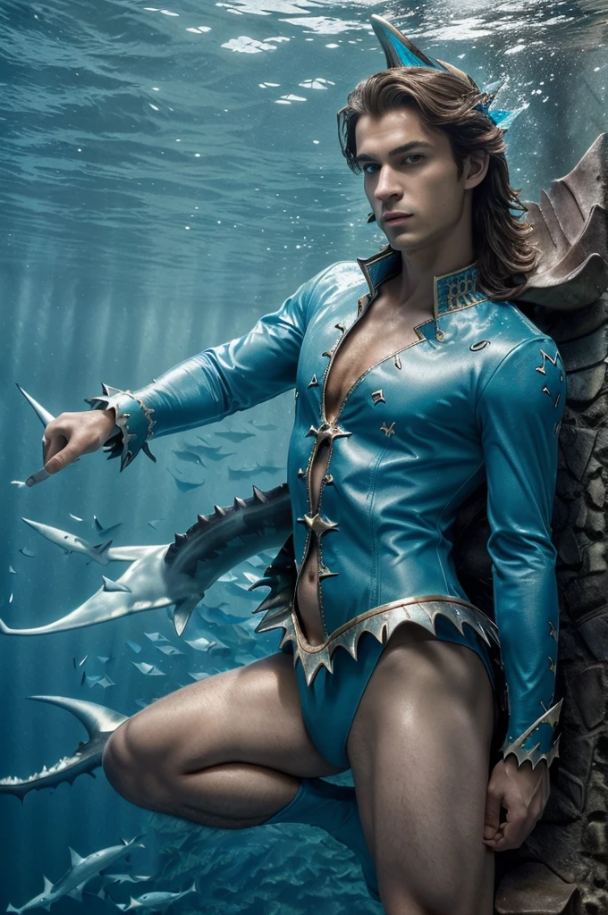 ((best quality)), ((masterpiece)), (detailed), ((perfect face)), ((shark prince)) , ((male)) , ((under water kingdom)),(( fairytale)), ((fins on his body)), ((royal and seductive clothes))
