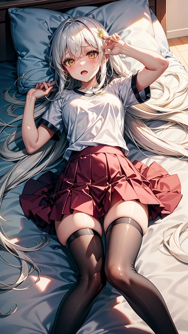 Long milky white hair,yellow eyes,lovely expression,a shy expression,black short sleeve,Red fluffy skirt,blackstockings,Lie down on the soft bed,tilt your head,baki,Open your little mouth
