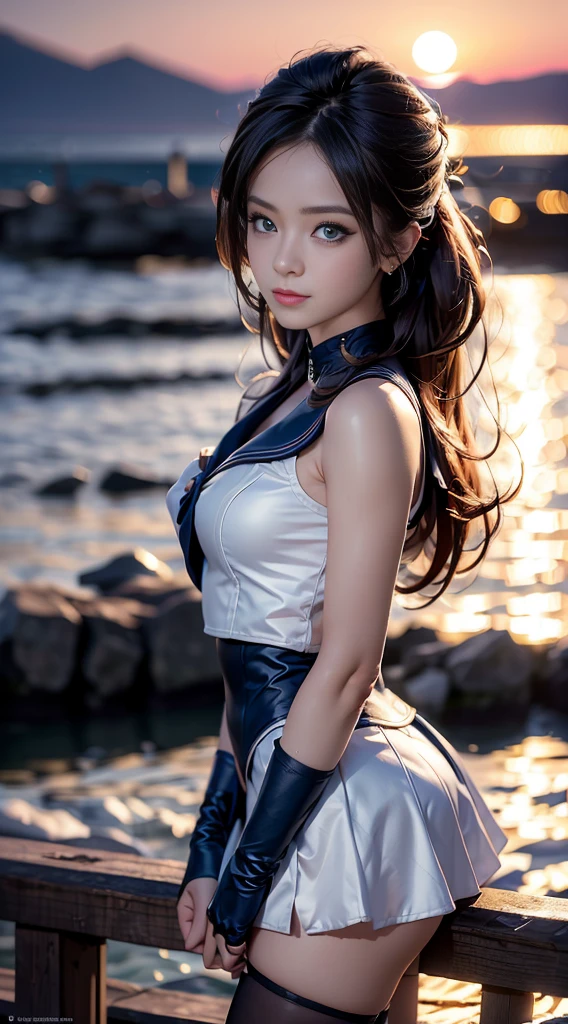 (Extreme detail CG Unity 8K wallpaper, masterpiece, highest quality), (exquisite lighting and shadow, highly dramatic picture, cinematic lens effect), (Sailor Moon: 1.1), charming smile, double tail, blue eyes, black hair, tight top, RED gloves, mini skirt, dynamic pose), the background is blue sea (excellent detail, excellent lighting, wide angle), (excellent rendering, enough to stand out in its class),all,whole body,whole