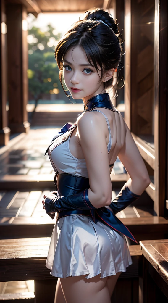 (Extreme detail CG Unity 8K wallpaper, masterpiece, highest quality), (exquisite lighting and shadow, highly dramatic picture, cinematic lens effect), (Sailor Moon: 1.1), charming smile, double tail, blue eyes, black hair, tight top, RED gloves, mini skirt, dynamic pose), the background is blue sea (excellent detail, excellent lighting, wide angle), (excellent rendering, enough to stand out in its class),all,whole body,whole