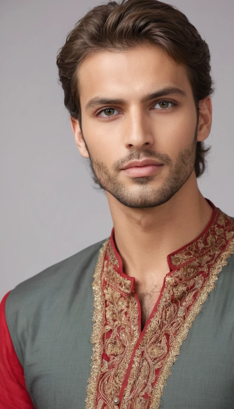 Handsome man light green eyes golden brown hair skin color half white wearing shalwar kamiz hight tall lips red clothes colour grey