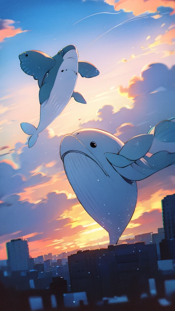 Whale flying in the blue sky,Buildings,sunset,Blue background,splash