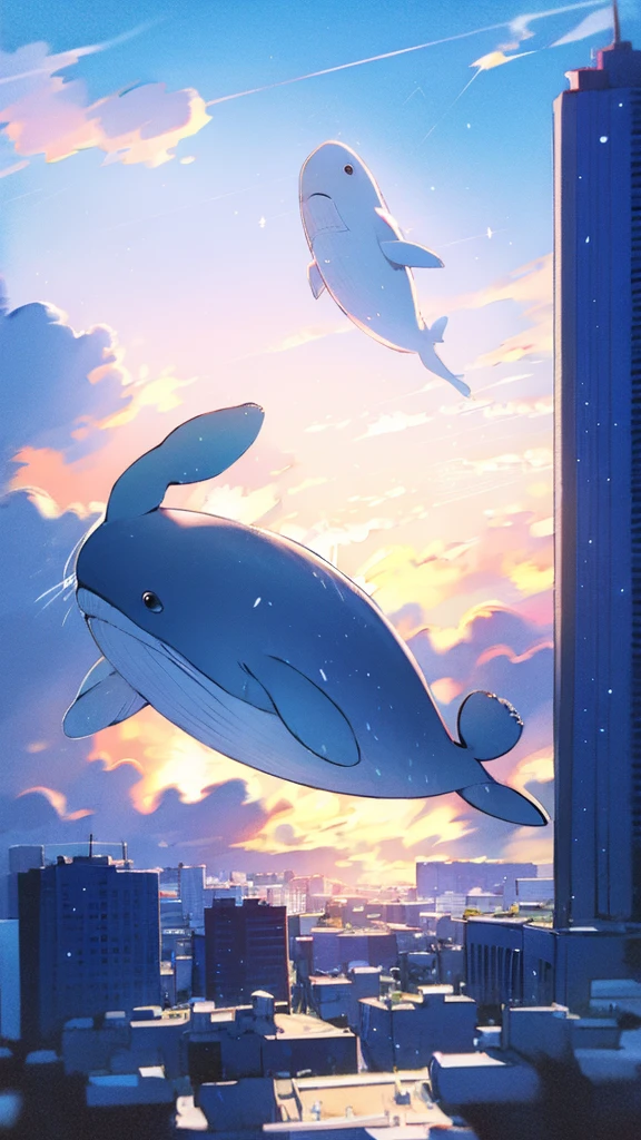 Whale flying in the blue sky,Buildings,sunset,Blue background,splash