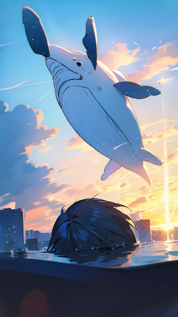 Whale flying in the blue sky,Buildings,sunset,Blue background,splash