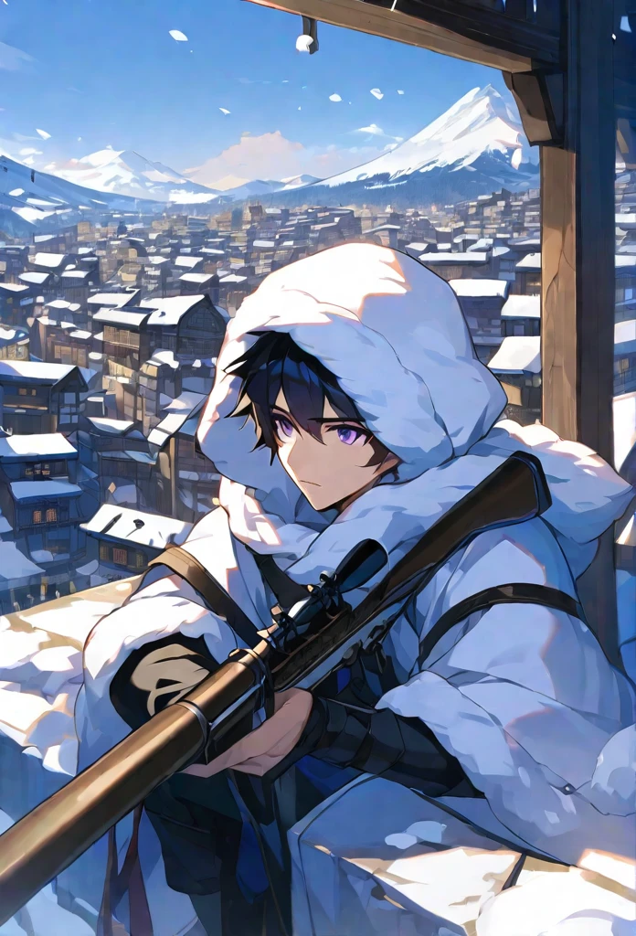 alone, 1 male, Short black hair, Purple eyes, Black Shirt,middle ages、A city with a snowy mountain in the background、white fur hood, Sniper