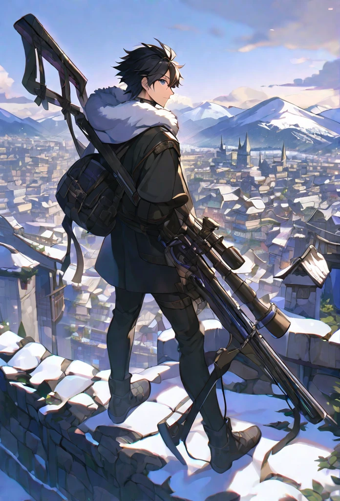 alone, 1 male, Short black hair, Purple eyes, Black Shirt,middle ages、A city with a snowy mountain in the background、white fur hood, Sniper